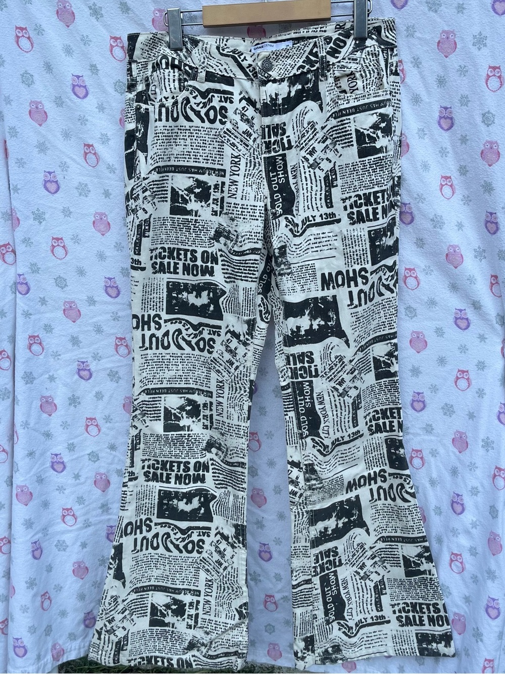 Garage Black and White Newspaper Print Low Rise Flare Jeans